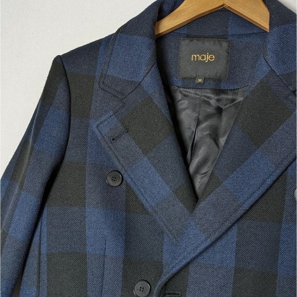 MAJE Goldan Coat Tailored Plaid Oversized Double Breasted Blazer Blue Black Wool - Picture 5 of 16